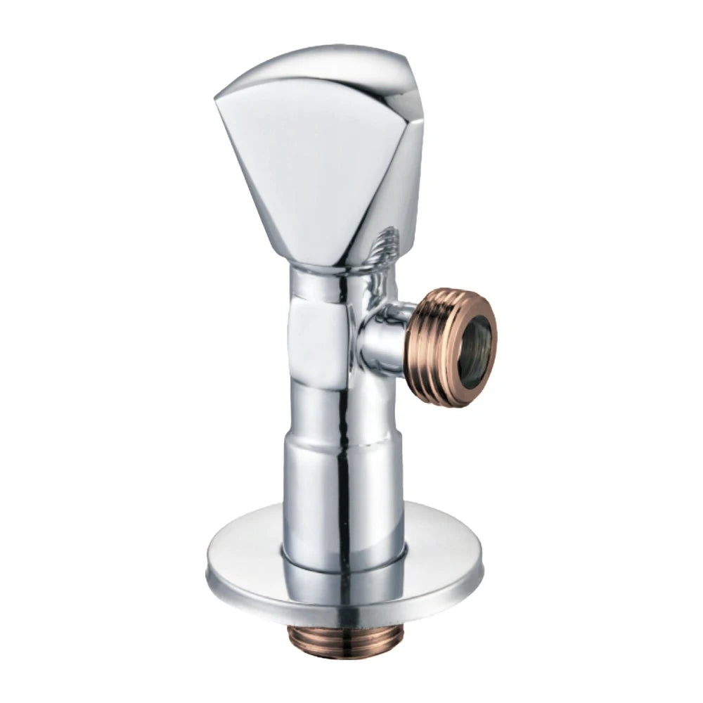 Sanitar SANI-011 premium brass angle valve featuring a corrosion-resistant polished chrome finish with a compact design and an ergonomic single-lever handle for easy water flow control.