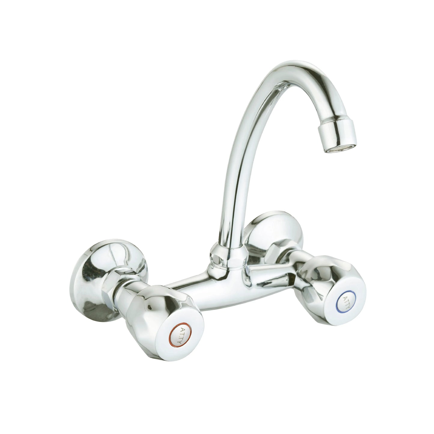 Sanitar AQUA-WSM wall-mounted brass sink mixer with a polished chrome finish, ergonomic double-lever handle, and long swivel spout for kitchen use.