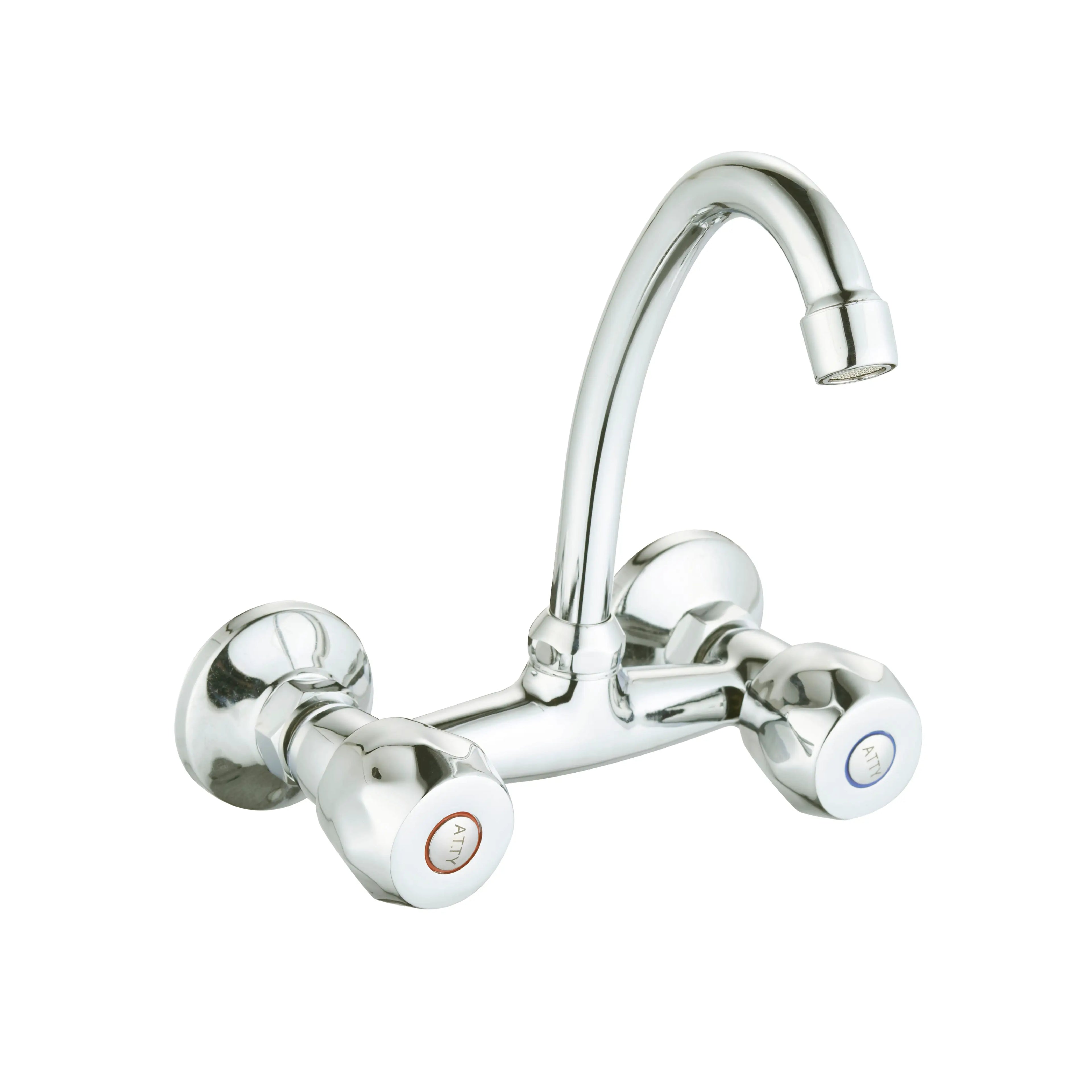 Sanitar AQUA-WSM wall-mounted brass sink mixer with a polished chrome finish, ergonomic double-lever handle, and long swivel spout for kitchen use.