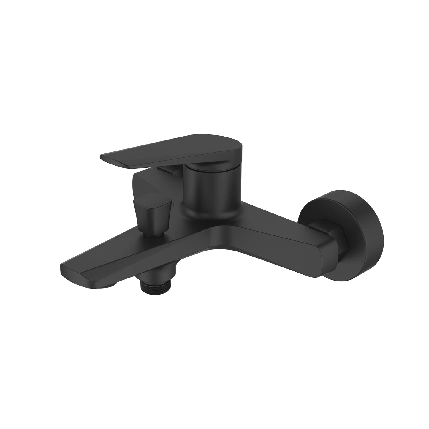 Sanitar ATRI-BM BL wall-mounted bath and shower mixer in matte black, featuring a modern single-lever handle, tapered square diverter, and a geometric flat spout.