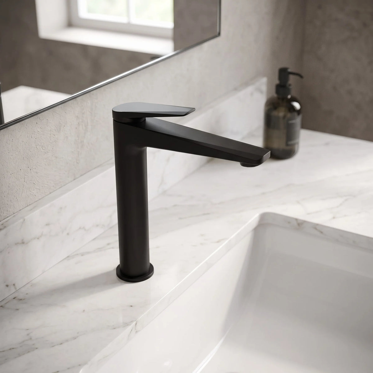 Sanitar Atri Series high matte black washbasin mixer tap set on a marble bathroom vanity.