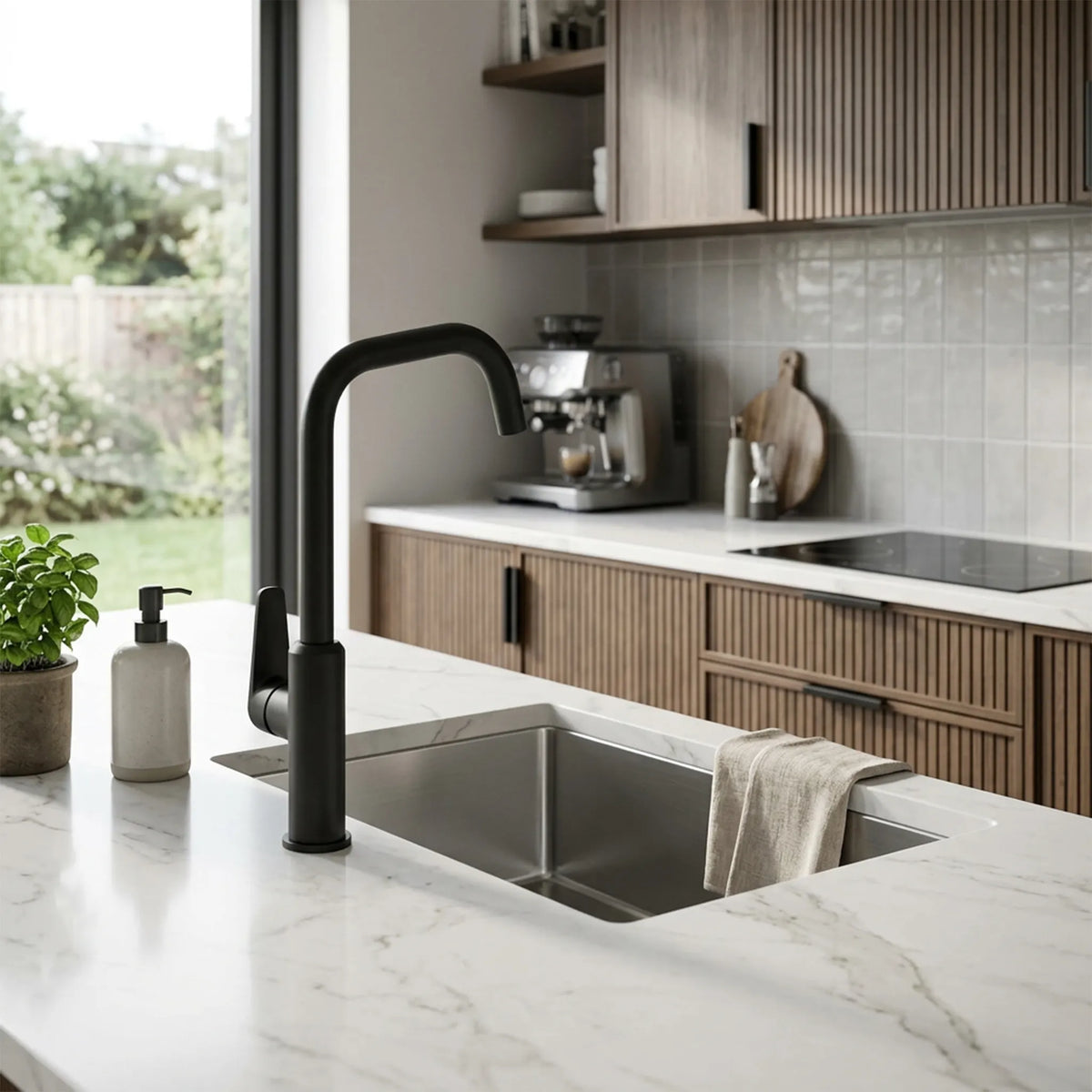 Sanitar ATRI-KM BL premium brass kitchen sink mixer featuring a striking matte black finish with a modern single-lever handle and an elegant swivel spout design