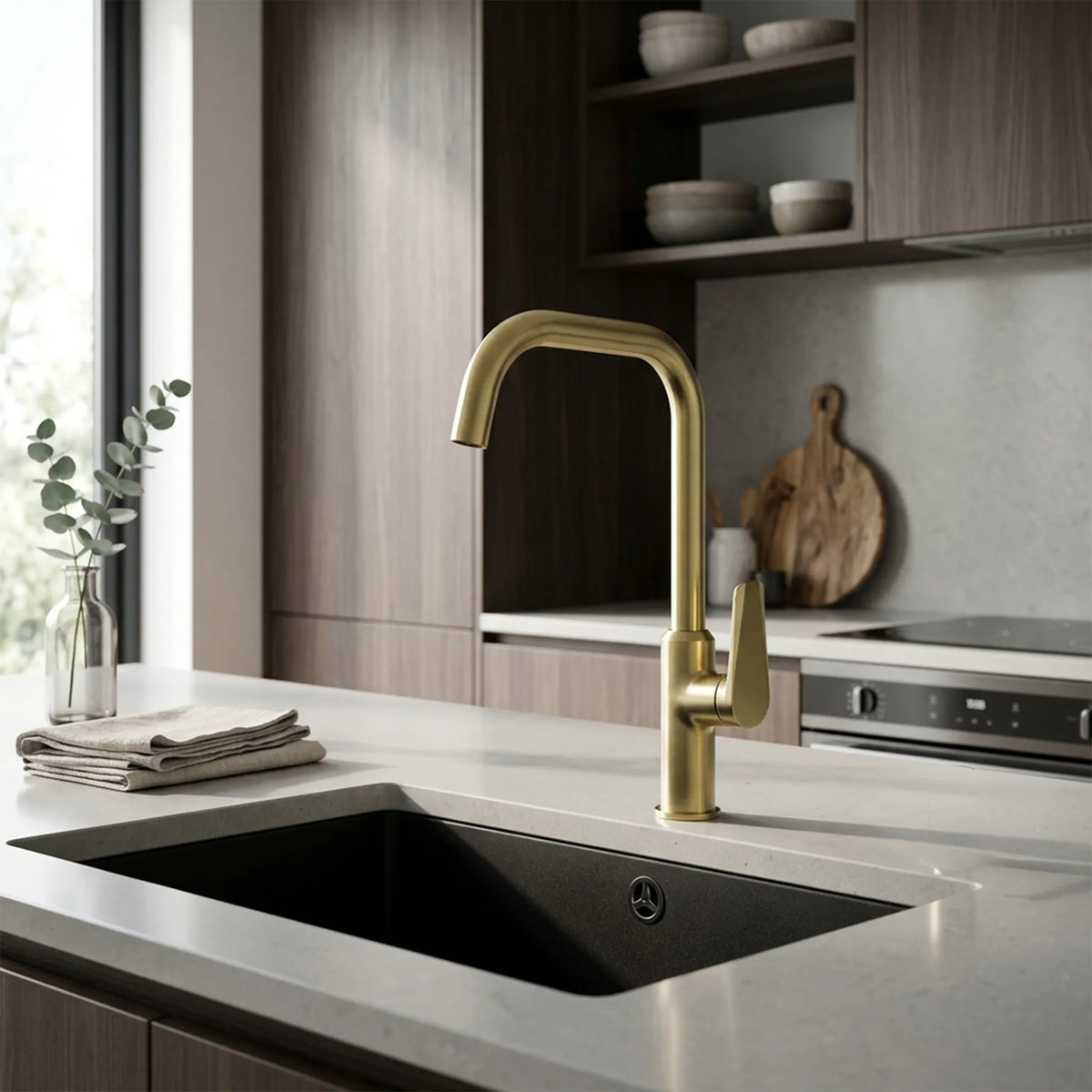 A modern kitchen scene featuring a tall, curved matte gold faucet installed above a black undermount sink in a light stone countertop. Dark wood cabinets, a window with natural light, and kitchen accessories are visible in the background.