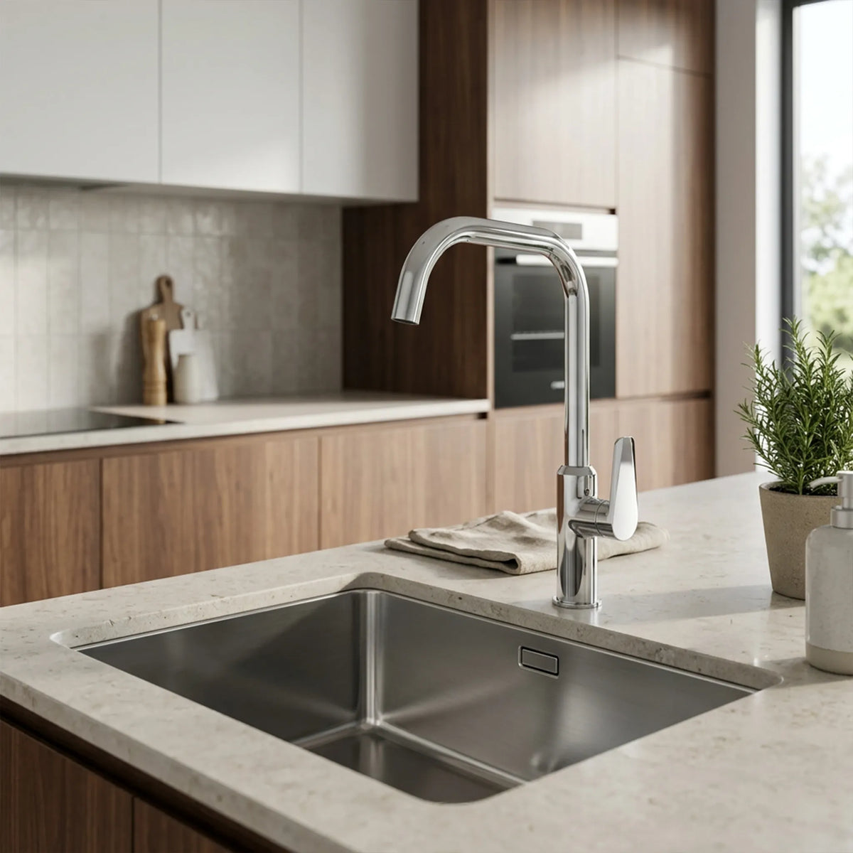 A modern kitchen scene featuring a tall, curved stainless steel faucet installed above a double-bowl undermount sink with a light gray stone countertop.