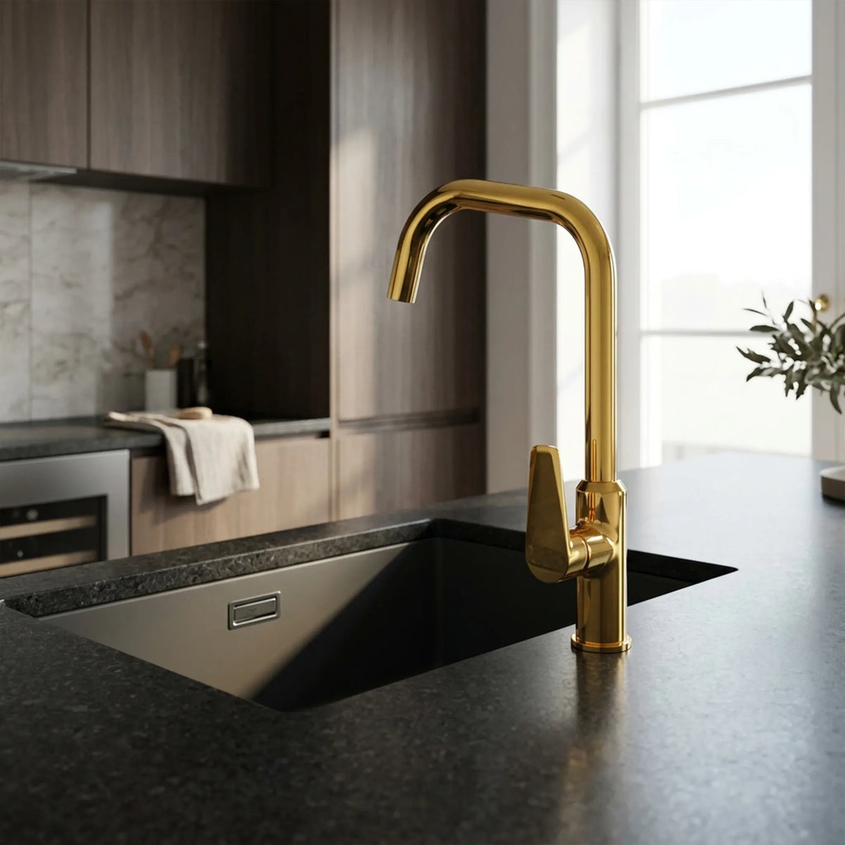 Sanitar ATRI-KM GD premium brass sink mixer featuring a luxurious gold finish with a modern single-lever handle and an elegant high-arc swivel spout in a kitchen