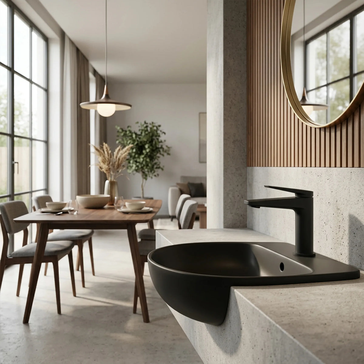 Sanitar Atri Series matte black washbasin mixer tap mounted on a semi-recessed black sink in a modern bathroom.