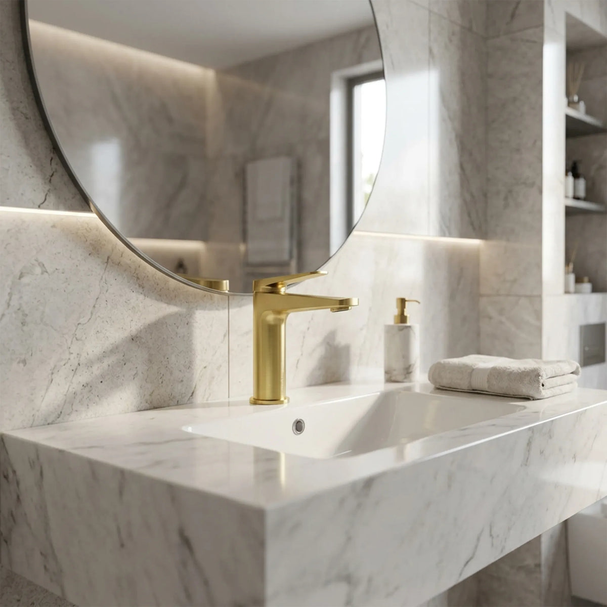 Sanitar Atri Series brushed gold washbasin mixer tap mounted on a marble bathroom vanity with a round mirror.   