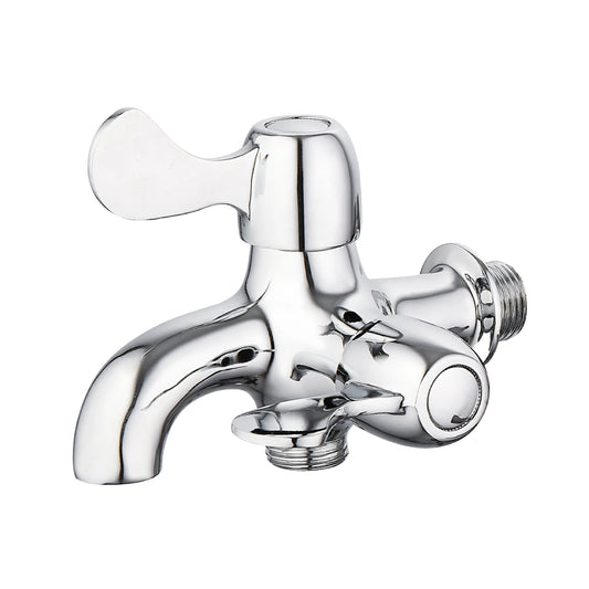Sanitar SANI-2W51-HT brass 2-way bibcock featuring a polished chrome finish with dual-control knobs and a versatile twin-outlet spout design