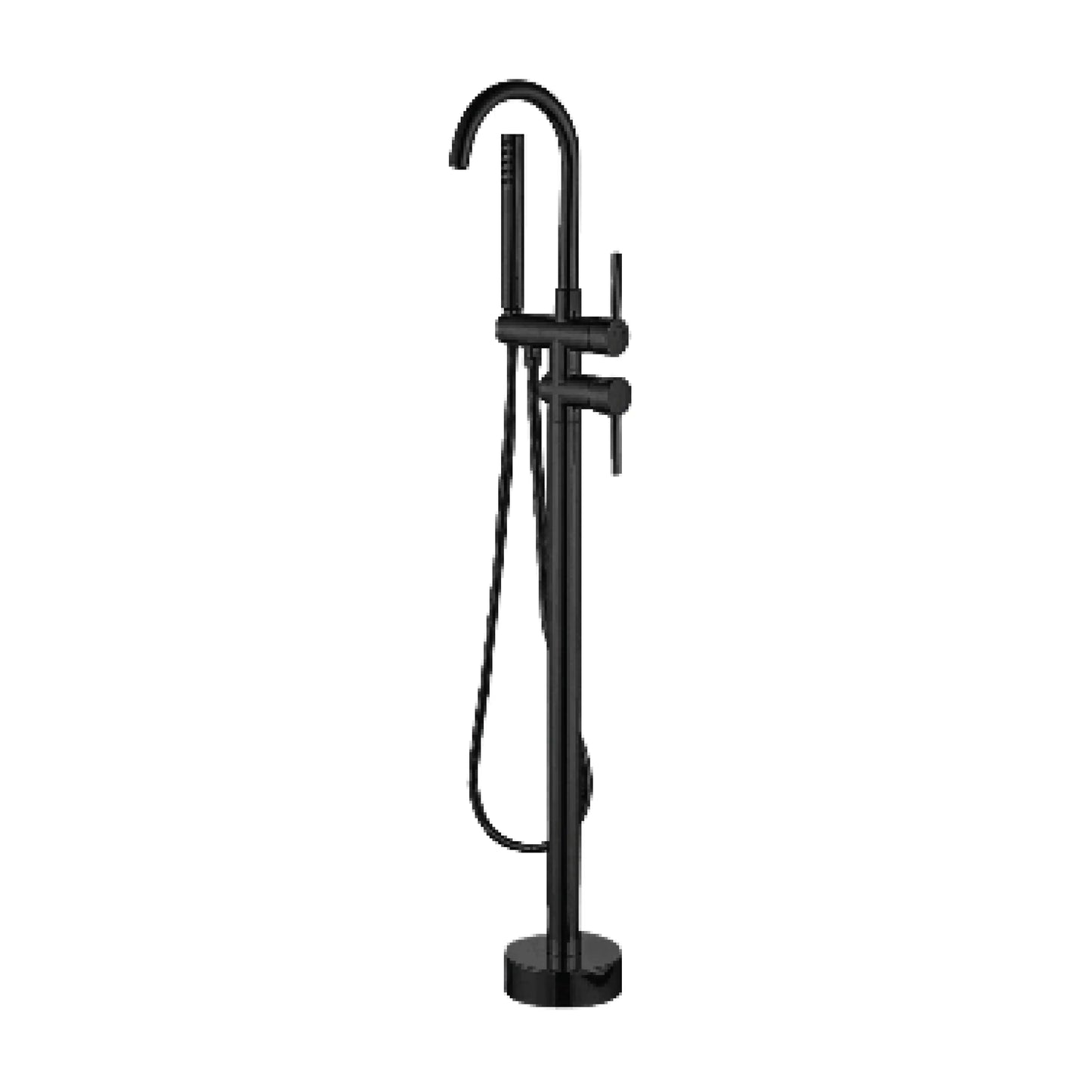 Sanitar BURJ-BTM floor-standing brass bath tub mixer in a modern matte black finish, featuring a high-arch gooseneck spout, dual pin-style handles, and matching handheld shower.