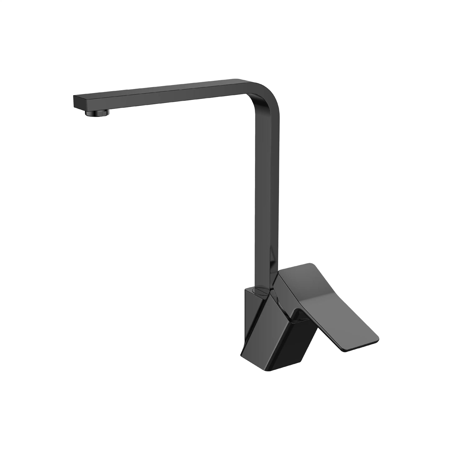 Sanitar CENT-KM BL brass and black kitchen sink mixer featuring a sleek matte black finish with brass accents, a modern single-lever handle, and a high-arc swivel spout.
