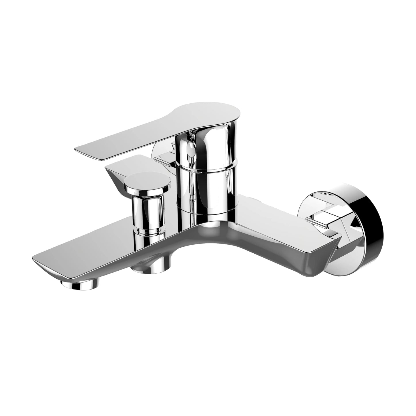 Sanitar COB-BM wall-mounted brass bath mixer with a polished chrome finish, featuring a sleek modern design with dual-handle controls and a central diverter.