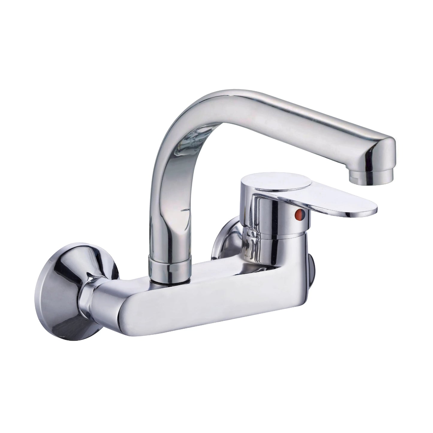 Sanitar CORAL-WSM wall-mounted brass kitchen sink mixer featuring a polished chrome finish, a single-lever handle, and an ergonomic swivel spout.