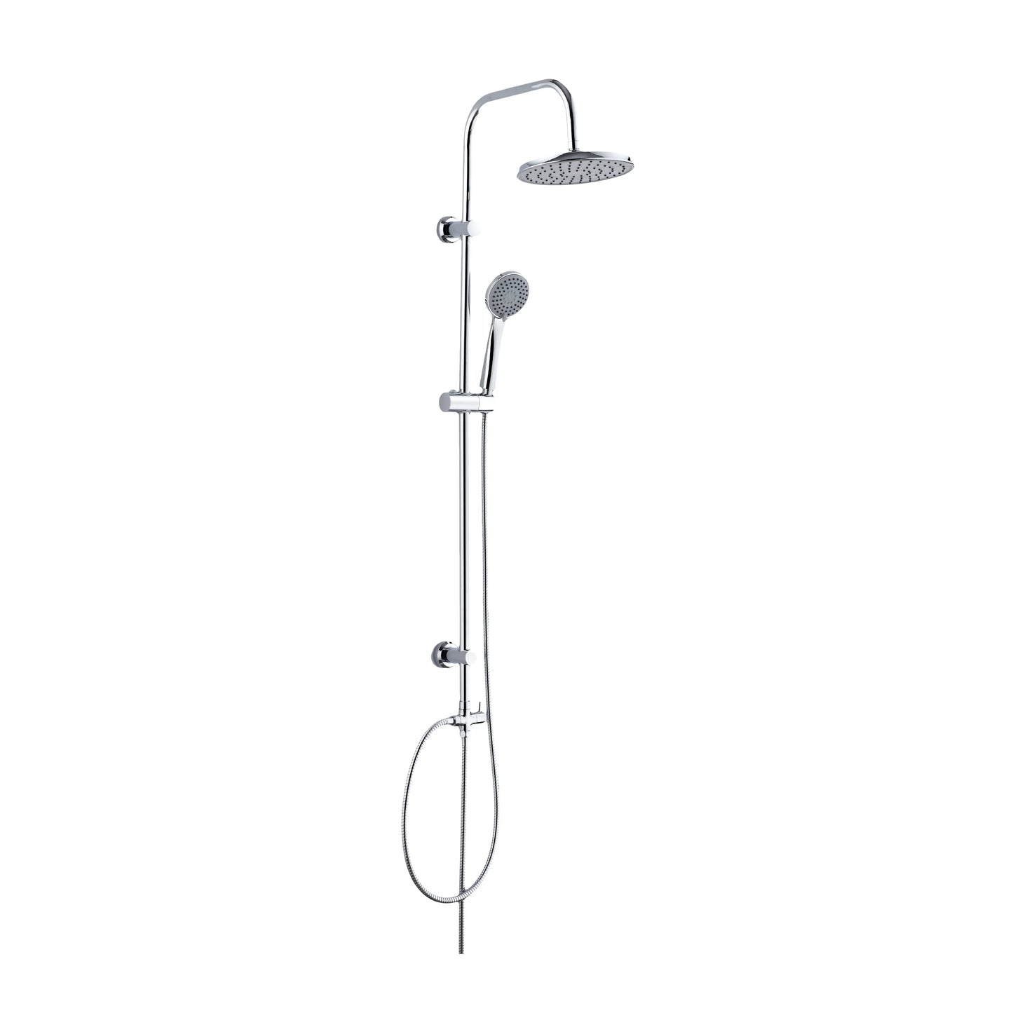 Sanitar REGEN dual shower set in polished chrome, featuring a stainless steel riser rail, large round rainfall shower head, 3-jet handheld sprayer, and integrated brass diverter.