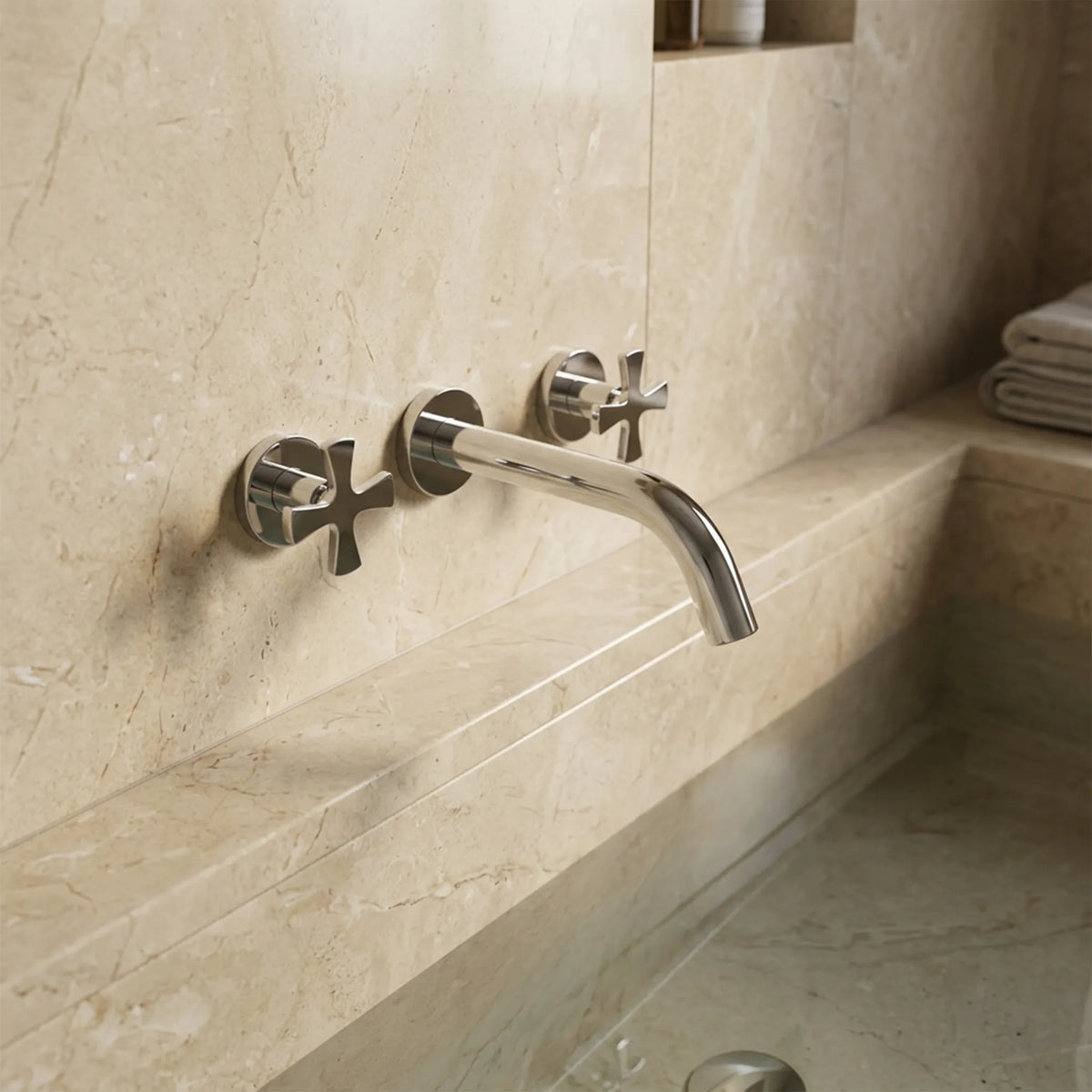 Sanitar FERARA-WMBM concealed brass bath mixer featuring a polished chrome finish with a sleek double-lever handle and a modern wall-mounted spout design.