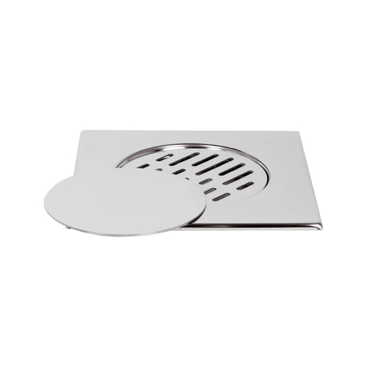 Sanitar DRAIN-01 floor drain with a polished chrome finish featuring a sleek square design and a perforated removable grate for efficient water drainage.