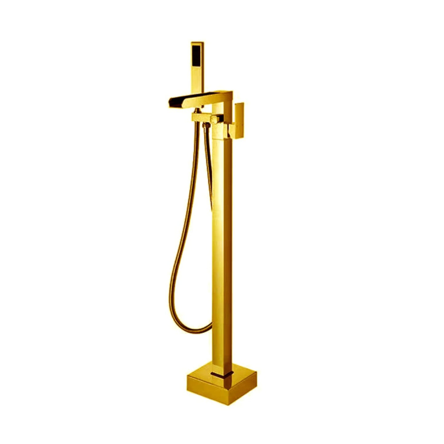 Sanitar GALA-BTM floor-standing brass bath tub mixer in a luxurious gold finish, featuring a flat waterfall spout, rectangular single-lever handle, and matching handheld shower.