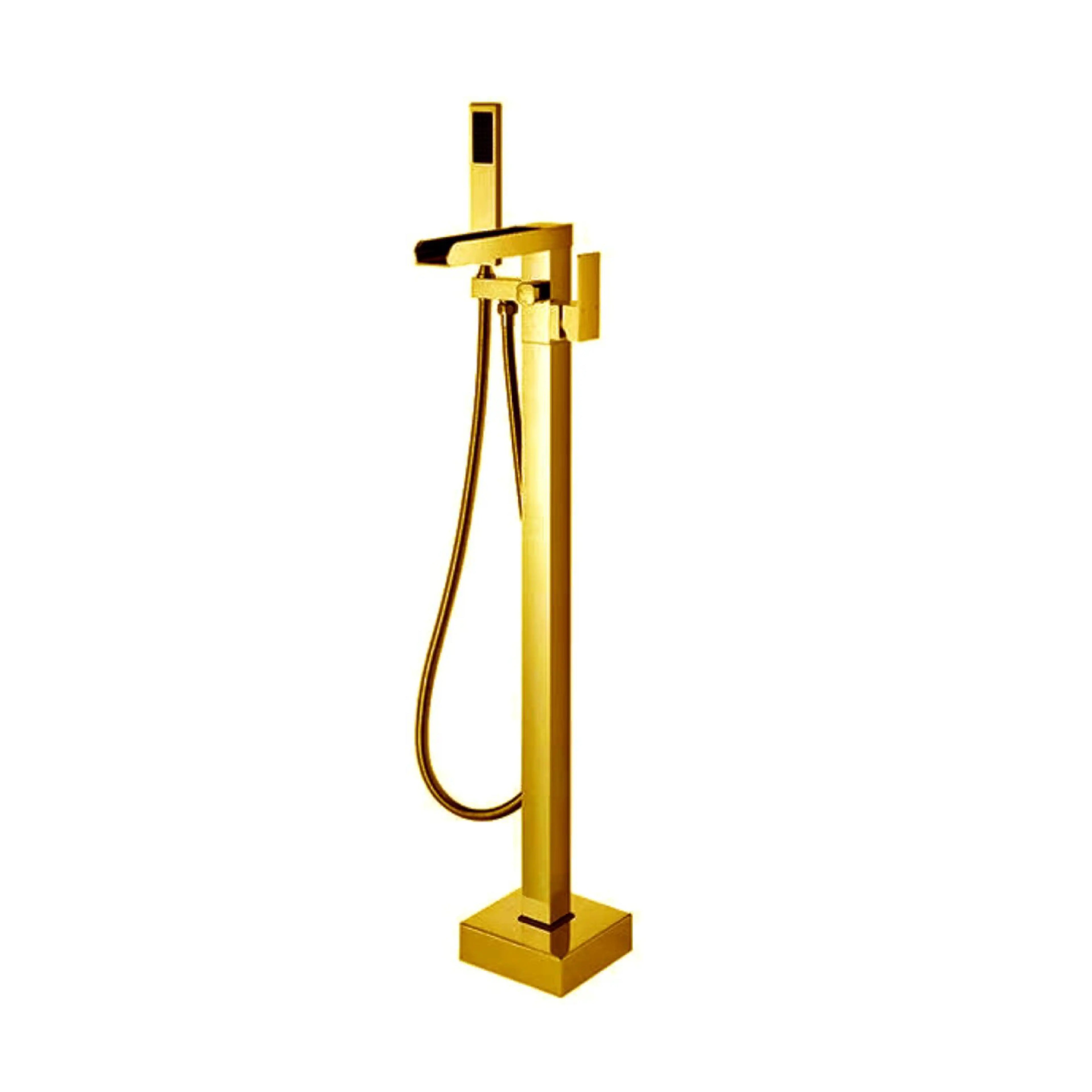Sanitar GALA-BTM floor-standing brass bath tub mixer in a luxurious gold finish, featuring a flat waterfall spout, rectangular single-lever handle, and matching handheld shower.