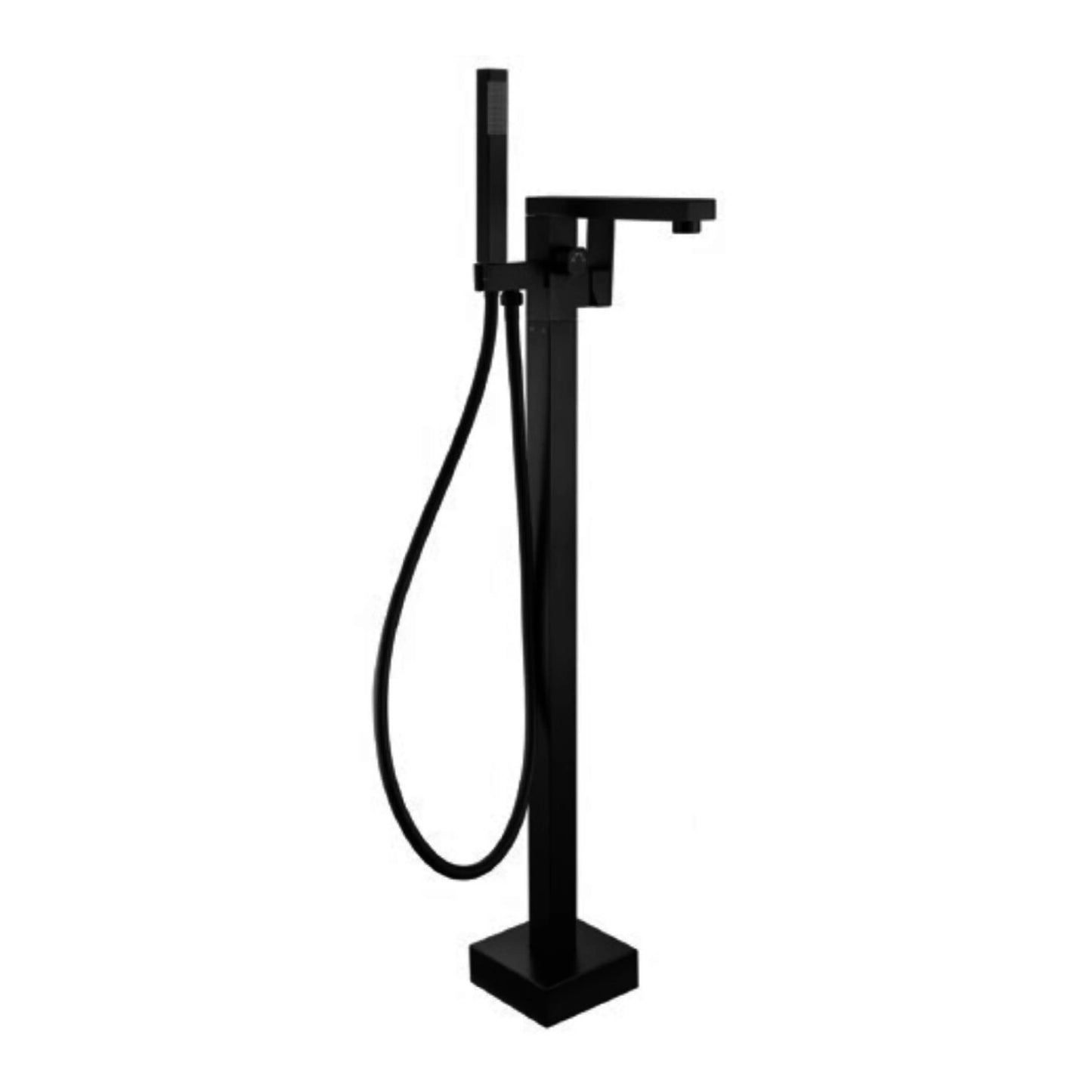 Sanitar JEDD-BTM floor-standing brass bath tub mixer in a modern matte black finish, featuring a flat-profile straight spout, rectangular single-lever handle, and matching handheld shower.