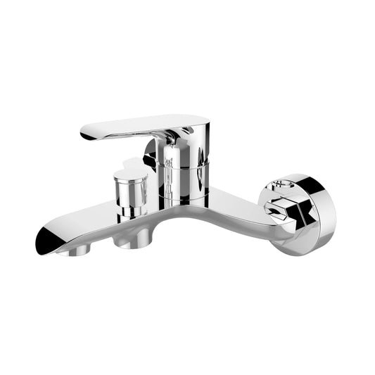 Sanitar JENNET-BM premium brass wall-mounted bath mixer featuring a polished chrome finish, single-lever controls, and a sleek integrated spout with a manual diverter.
