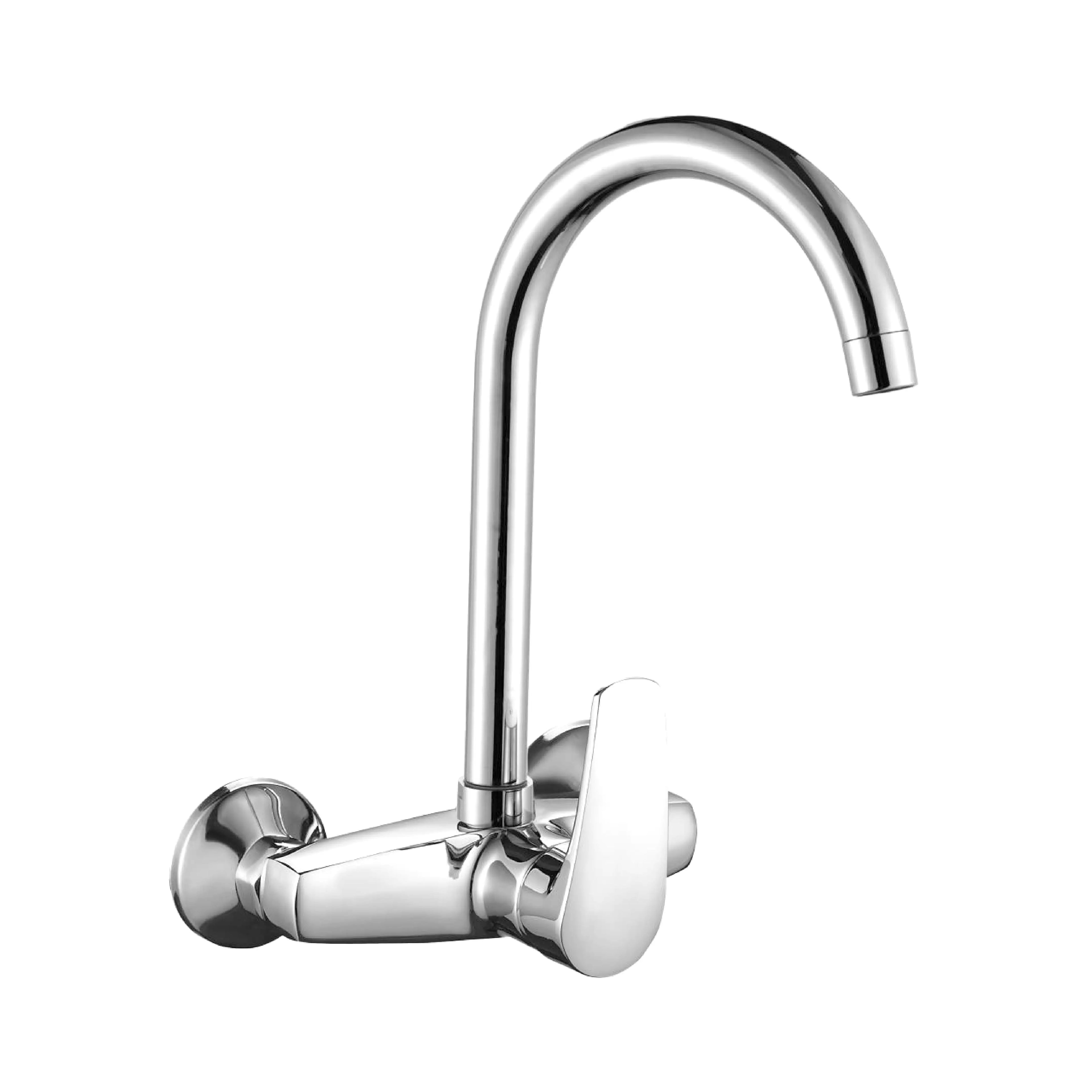 Sanitar JET-WSM-U wall-mounted brass sink mixer featuring a polished chrome finish, a single-lever handle for easy control, and a durable U-shaped swivel spout.