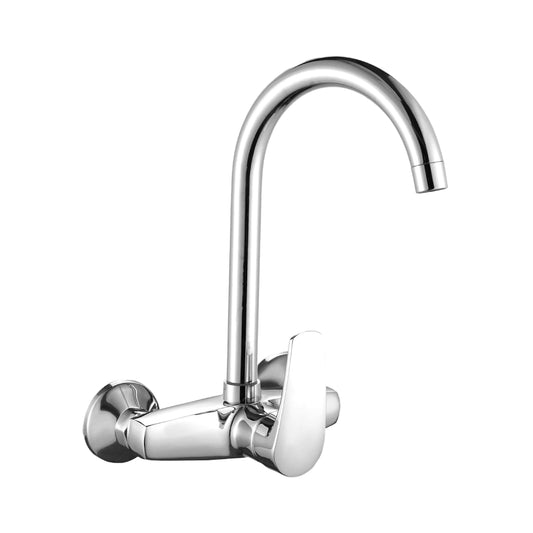 Sanitar JET-WSM-U wall-mounted brass sink mixer featuring a polished chrome finish, a single-lever handle for easy control, and a durable U-shaped swivel spout.