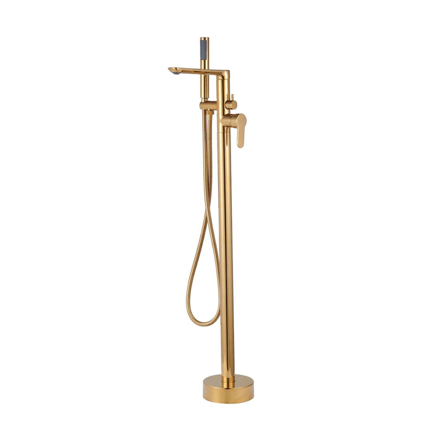 Sanitar LIFO-BTM floor-standing brass bath tub mixer in a luxurious gold finish, featuring a straight flat spout, single-lever handle, and matching handheld shower.