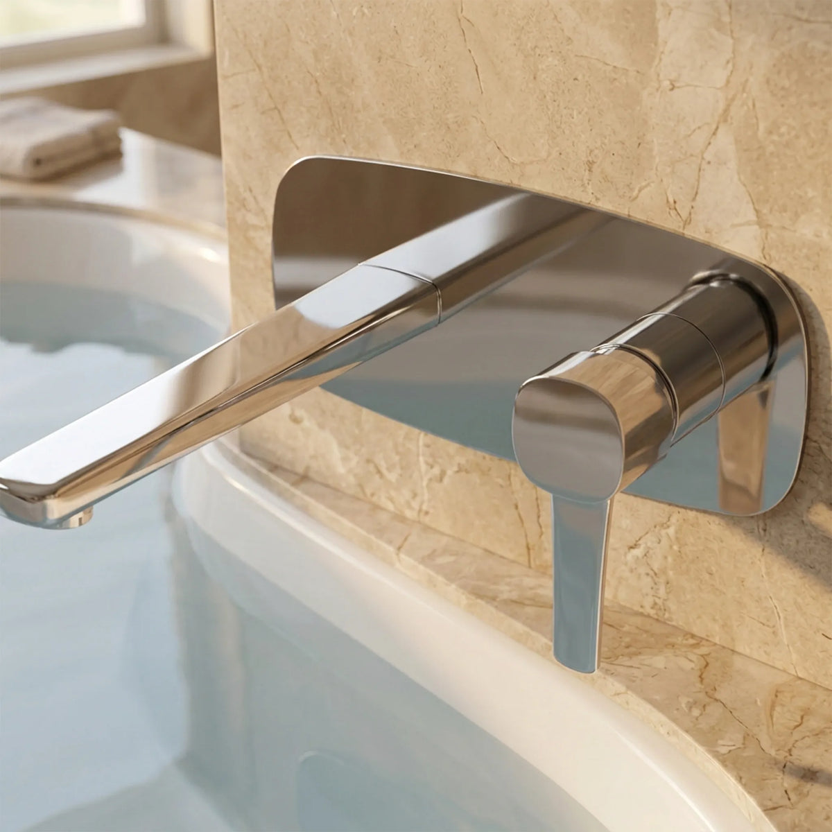 Sanitar LUGO-WMBM concealed brass bath mixer featuring a polished chrome finish, a sleek single-lever handle for temperature control, and a modern wall-mounted design