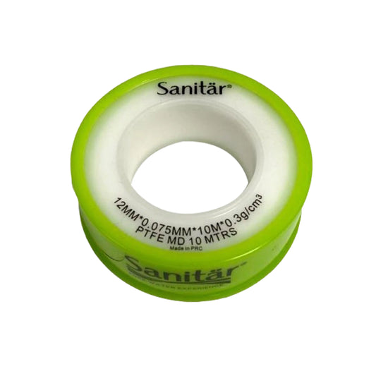 Sanitar 10-meter MD PTFE thread seal tape in white, wound on a durable protective spool for creating leak-proof seals in plumbing and pipe threading applications.