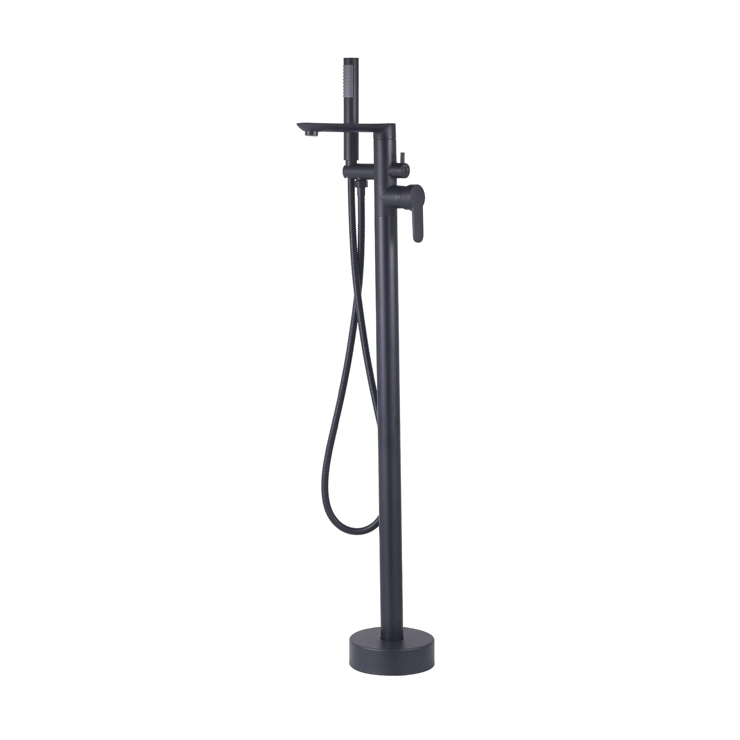 Sanitar SHAN-BTM floor-standing brass bath tub mixer in a modern matte black finish, featuring a flat-profile straight spout, rectangular single-lever handle, and matching handheld shower.
