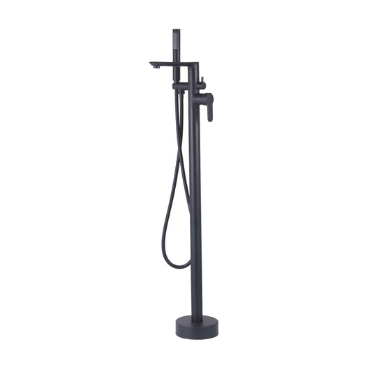 Sanitar SHAN-BTM floor-standing brass bath tub mixer in a modern matte black finish, featuring a flat-profile straight spout, rectangular single-lever handle, and matching handheld shower.