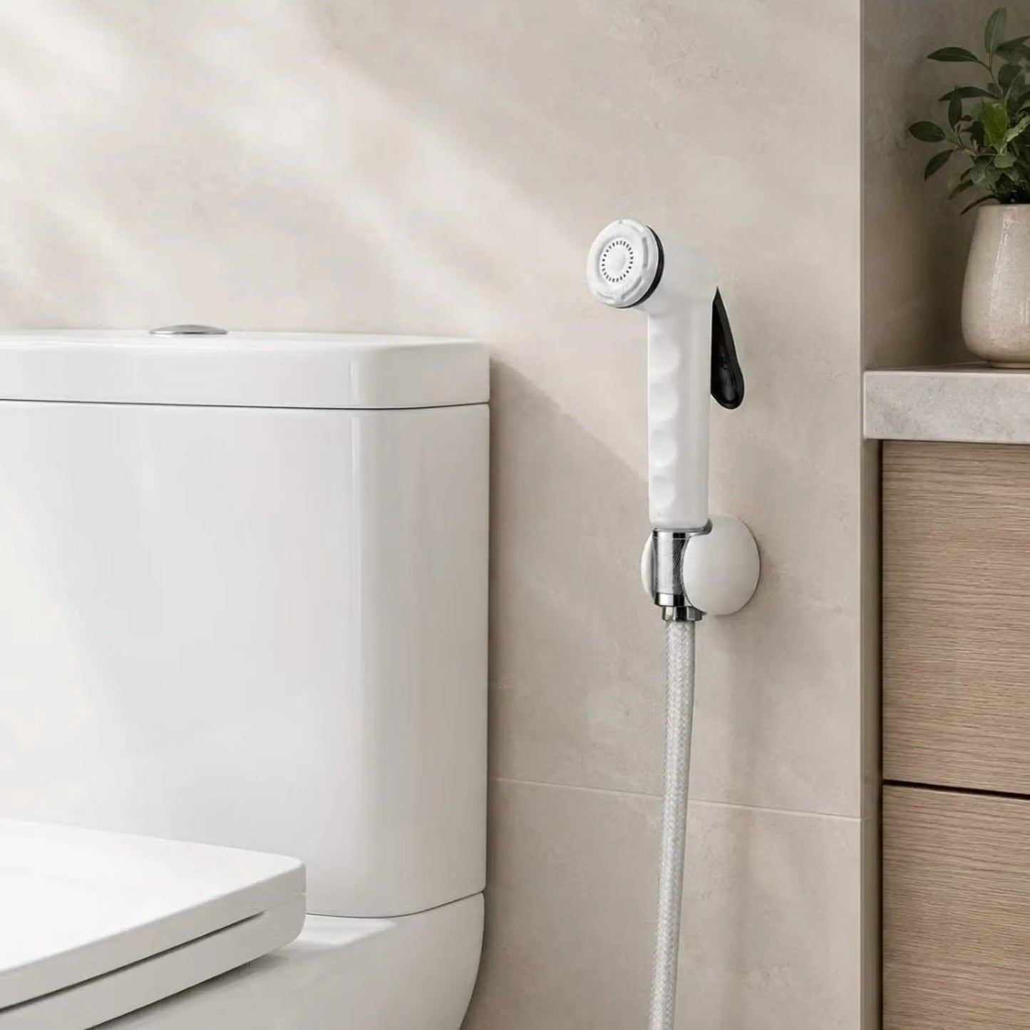 Premium Sanitar LAVA toilet bidet sprayer kit neatly installed on a beige tiled wall next to a modern white ceramic toilet bowl and a wooden vanity setup.