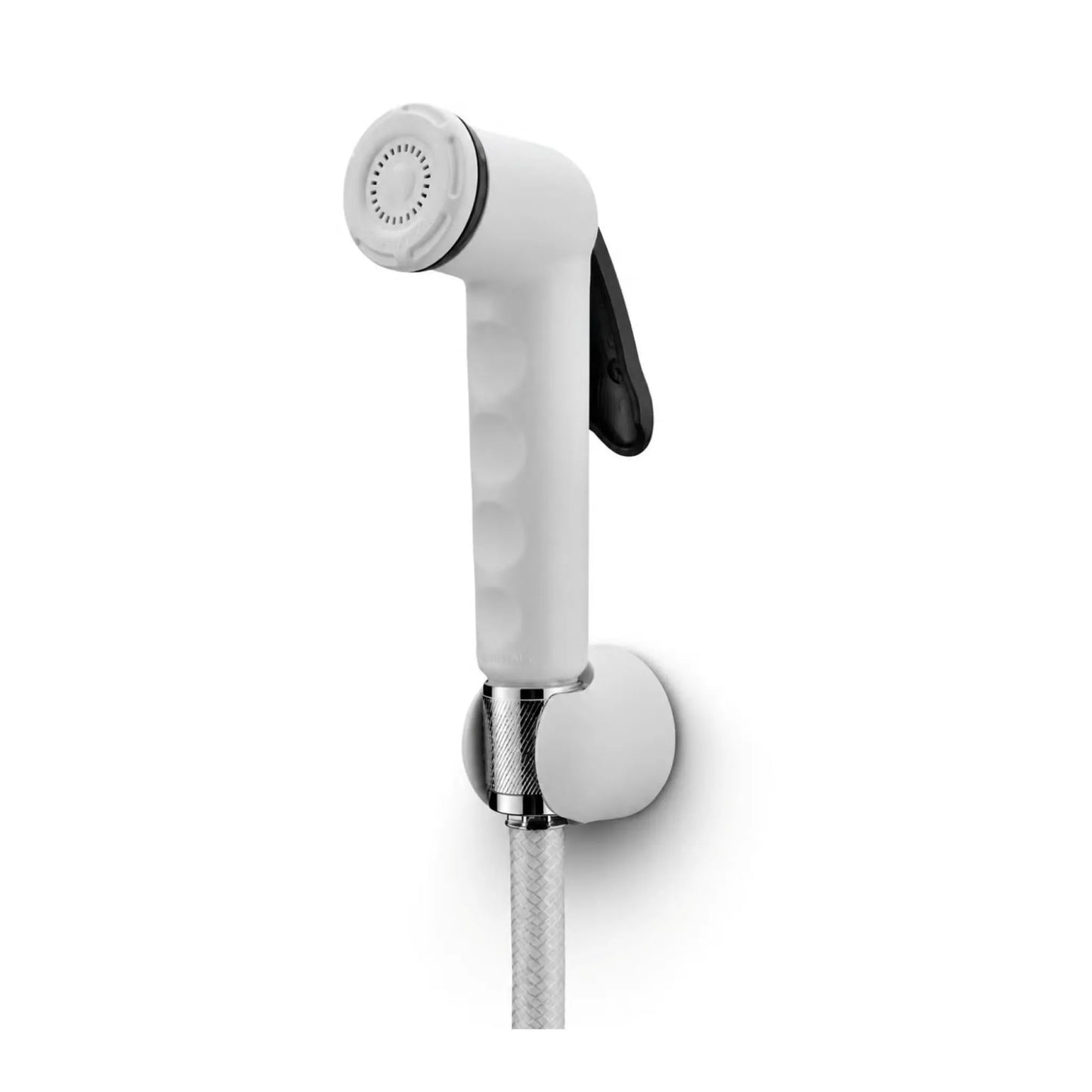 White Sanitar LAVA shattaf bidet sprayer head with a grey thumb lever trigger mounted on a matching white wall holder with a chrome and polyester-reinforced PVC hose, showing the Sanitar logo.