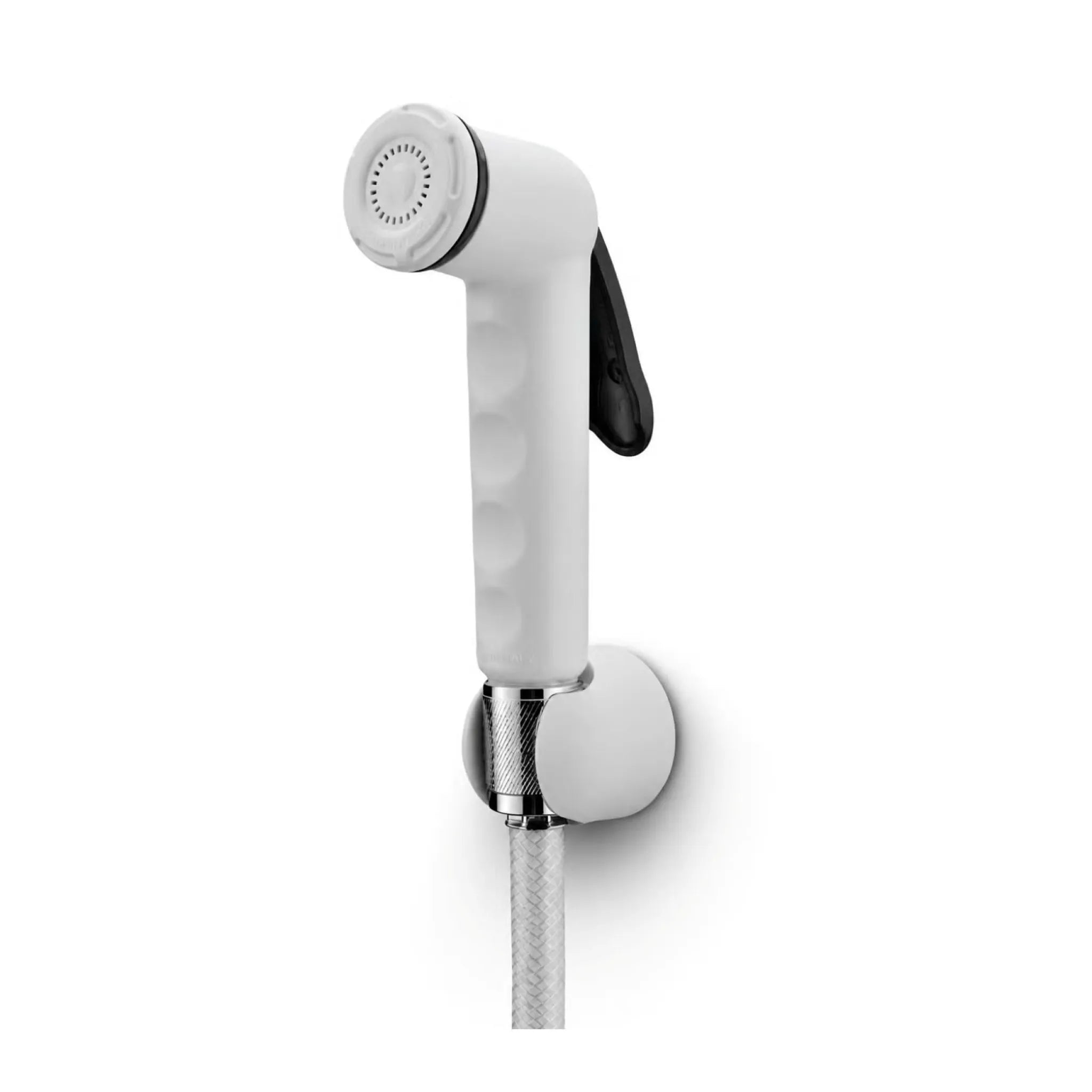White Sanitar LAVA shattaf bidet sprayer head with a grey thumb lever trigger mounted on a matching white wall holder with a chrome and polyester-reinforced PVC hose, showing the Sanitar logo.