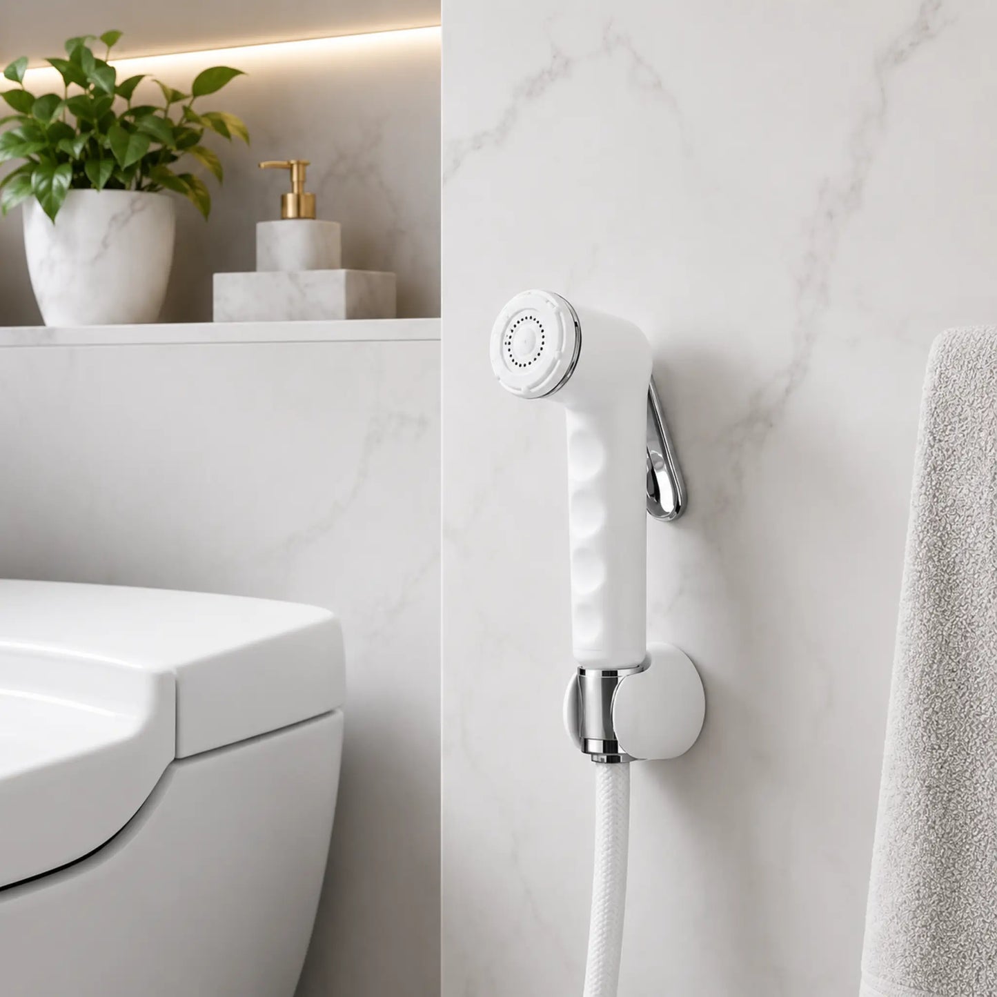 Modern bathroom interior showing the white and chrome Sanitar NITI bidet shattaf kit mounted on a marble-textured wall next to a contemporary white toilet.