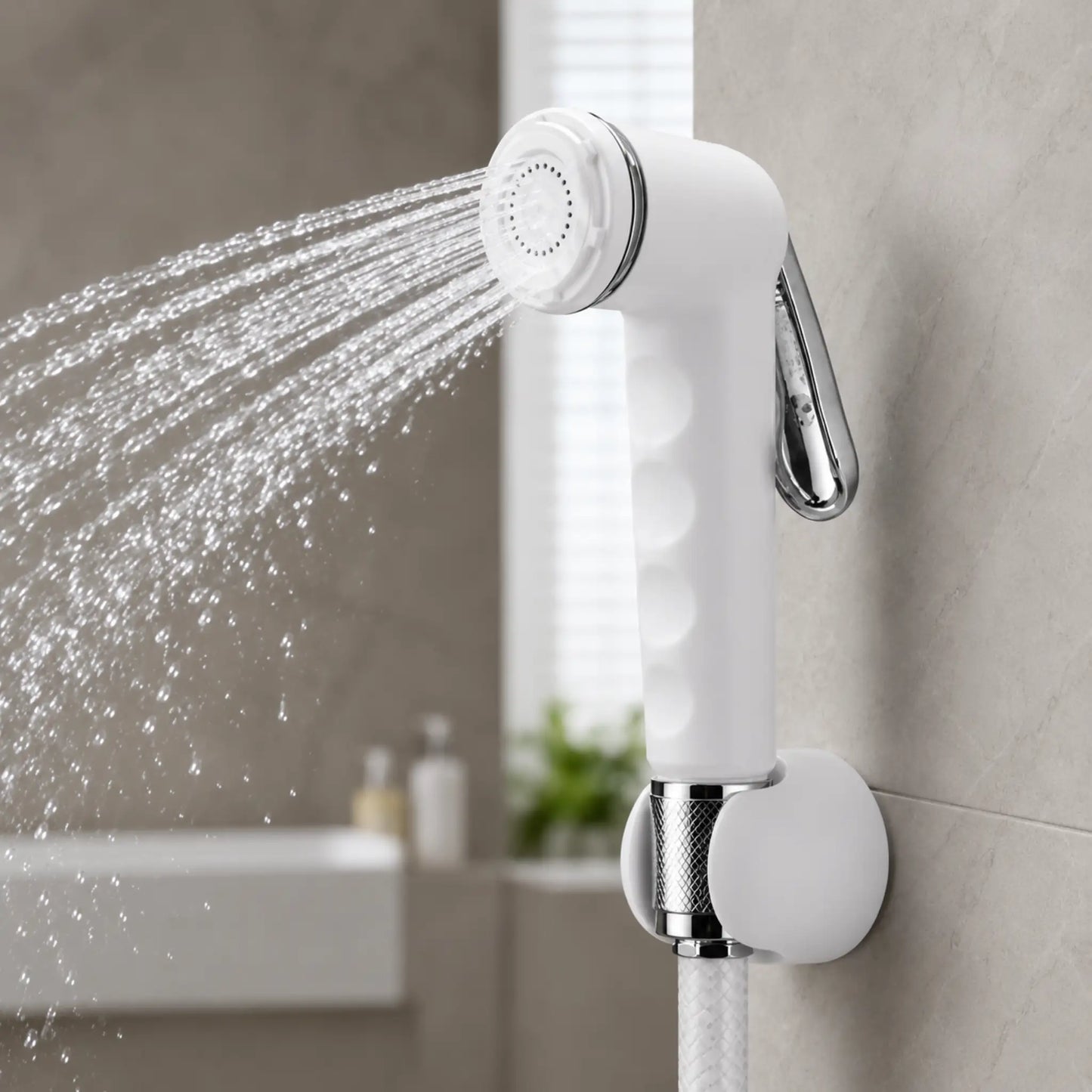 Close-up shot of the Sanitar NITI shattaf sprayer head actively spraying multiple fine water streams, showcasing its pressurized spray pattern and chrome handle.