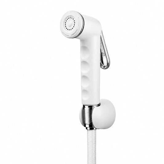 White Sanitar NITI shattaf bidet sprayer head with a polished chrome trigger lever, presented on a clean white background with the official Sanitar logo.