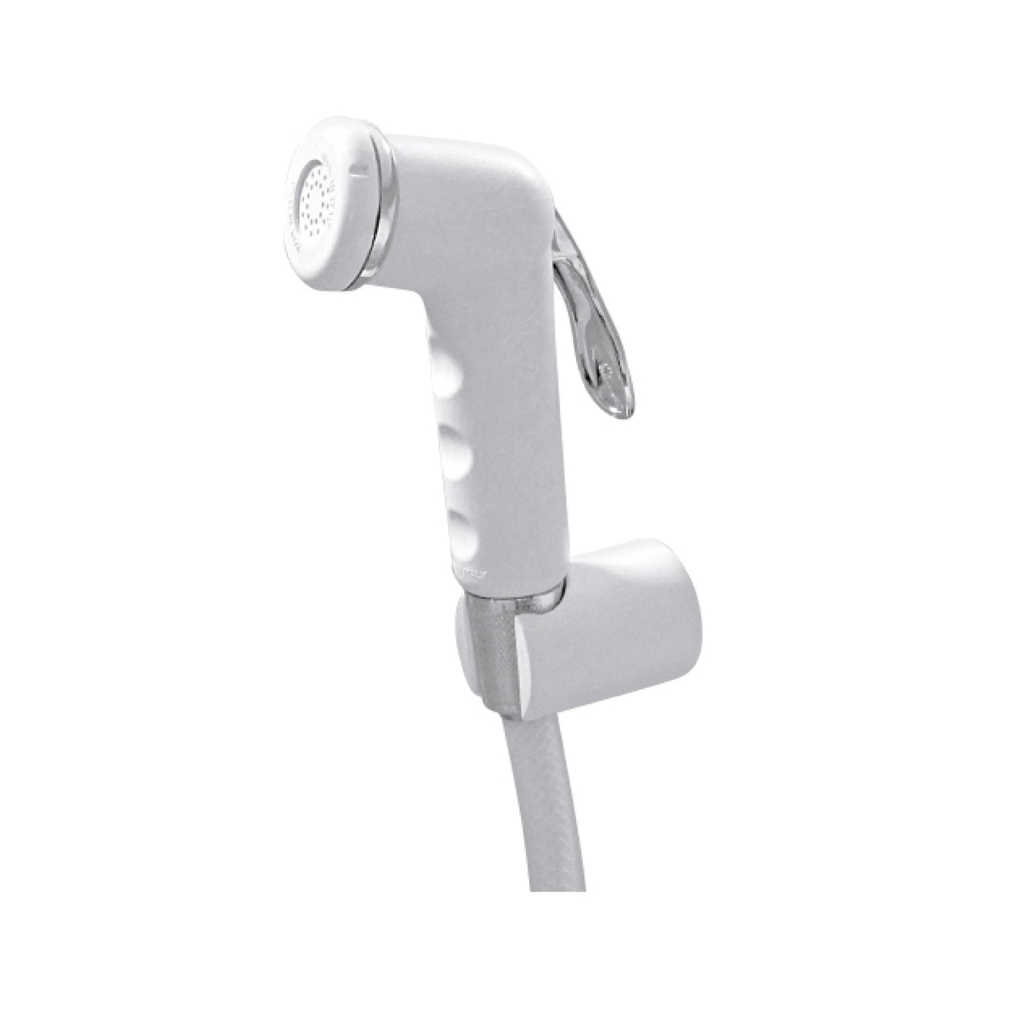 Sanitar LANCO SHUTTAF made in Italy featuring awhite body and polished chrome bidet sprayer with a flexible white PVC hose and ergonomic thumb-trigger lever control