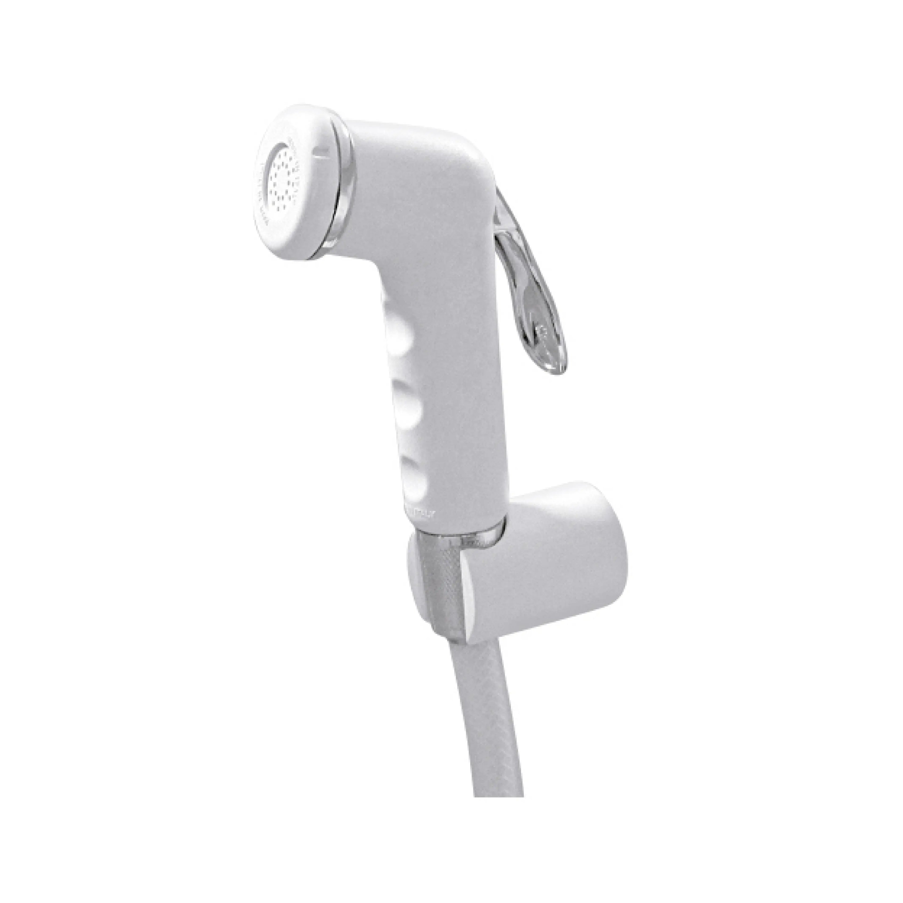 Sanitar LANCO SHUTTAF made in Italy featuring awhite body and polished chrome bidet sprayer with a flexible white PVC hose and ergonomic thumb-trigger lever control