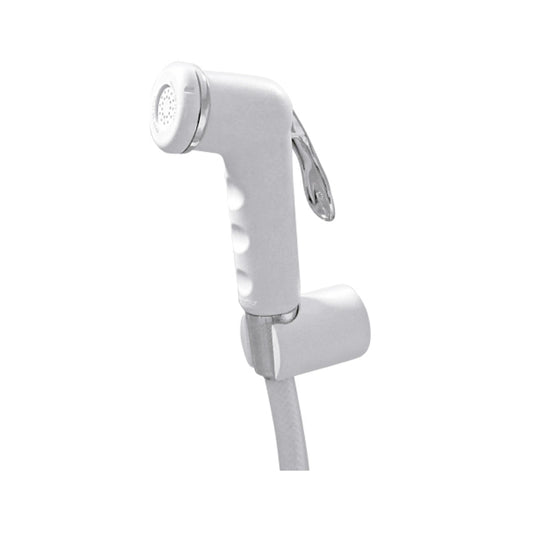 Sanitar LANCO SHUTTAF made in Italy featuring awhite body and polished chrome bidet sprayer with a flexible white PVC hose and ergonomic thumb-trigger lever control