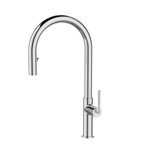 Sanitar VARESSE-KM brass kitchen sink mixer featuring a polished chrome finish, a high-arc swivel spout, and a modern single-lever handle for precise water control.