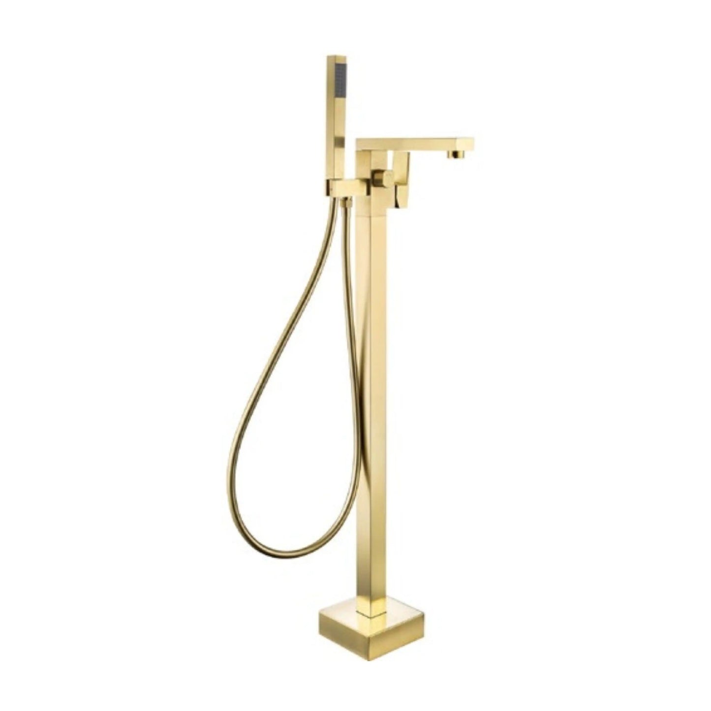 Sanitar ZIRA-BTM floor-standing brass bath tub mixer in a luxurious gold finish, featuring a flat-profile straight spout, rectangular single-lever handle, and matching handheld shower.