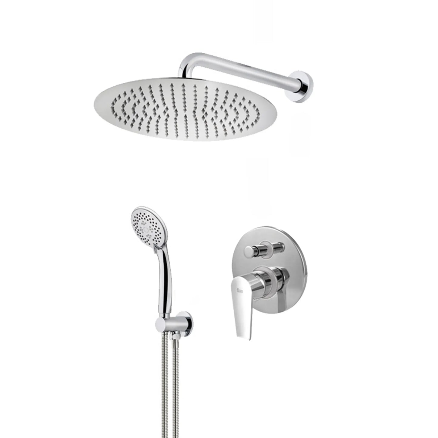 Strohm Teka Calvia 321720220 concealed shower set featuring a large circular rain shower head, a multi-mode handheld shower with hose, and a round chrome mixer faceplate with a single lever handle.
