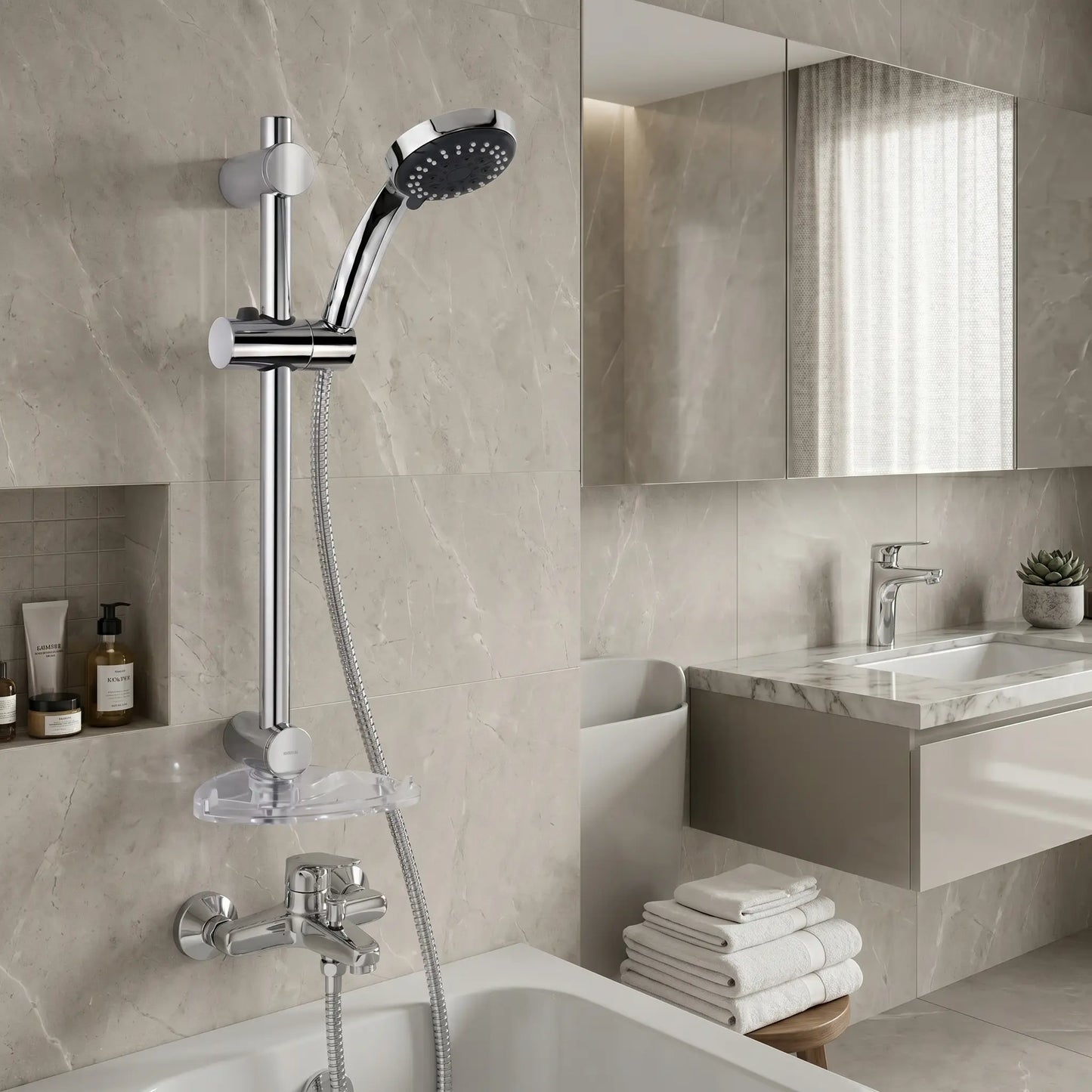 Luxurious bathroom interior featuring the Strohm Teka MT Plus combo set, showing the shower rail and bath mixer installed over a white soaking tub against stone-tiled walls, with the matching basin mixer on a marble vanity.