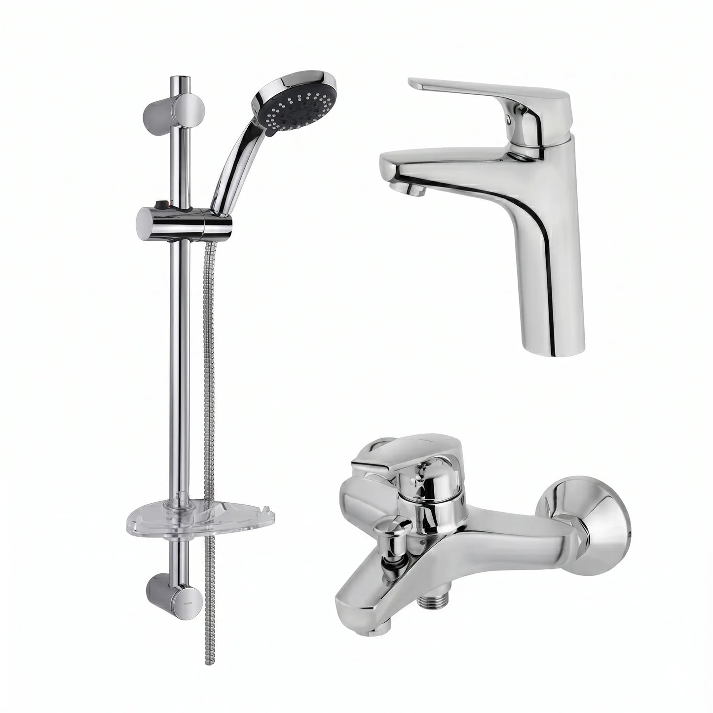 Strohm Teka MT Plus 467110200 bathroom fixture set including a modern high-body basin tap, a wall-mounted bathtub mixer with a diverter, and a sliding shower rail kit with a multi-function handheld sprayer.