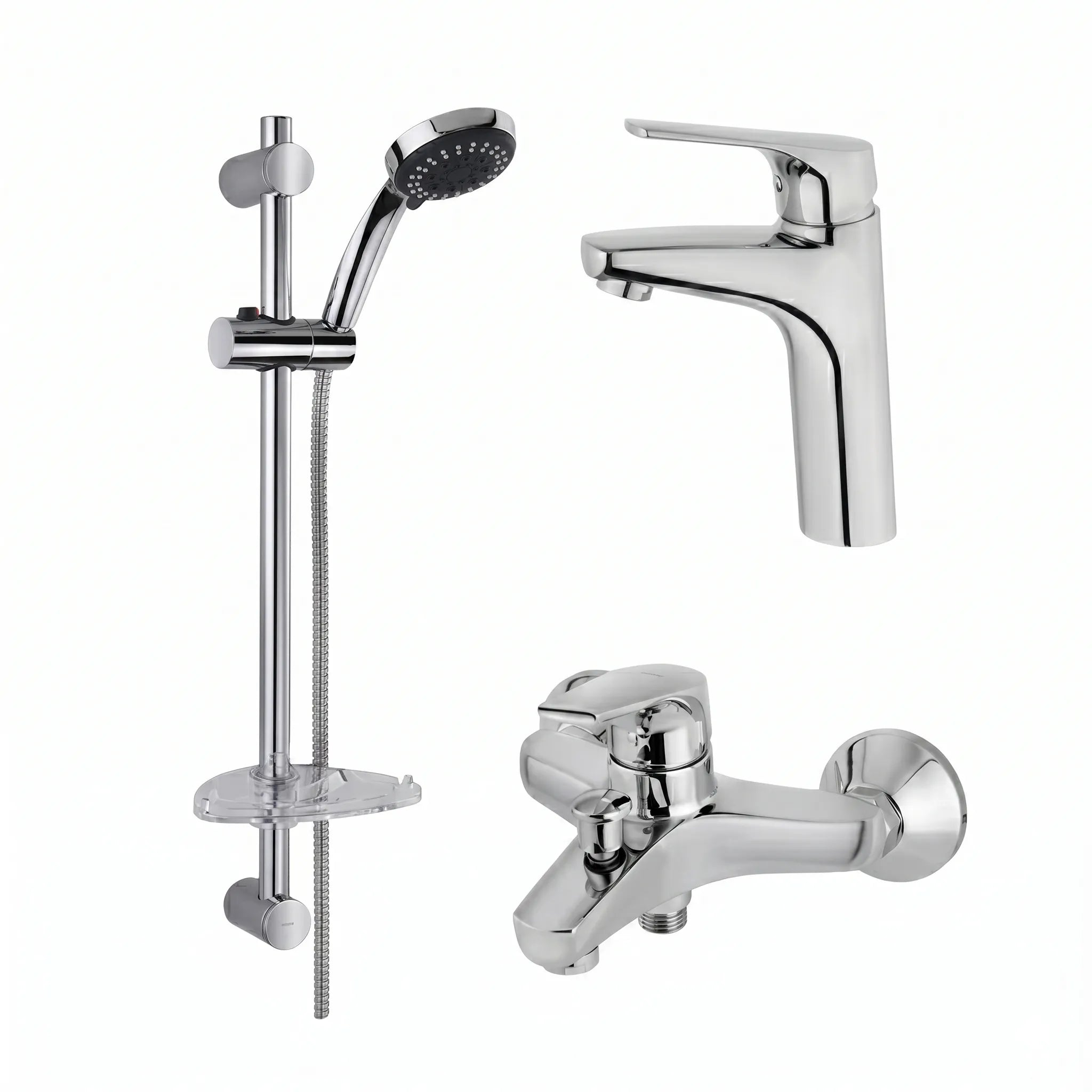Strohm Teka MT Plus 467110200 bathroom fixture set including a modern high-body basin tap, a wall-mounted bathtub mixer with a diverter, and a sliding shower rail kit with a multi-function handheld sprayer.