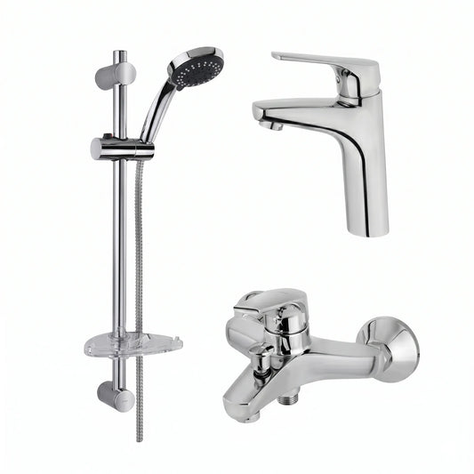 Strohm Teka MT Plus 467110200 bathroom fixture set including a modern high-body basin tap, a wall-mounted bathtub mixer with a diverter, and a sliding shower rail kit with a multi-function handheld sprayer.
