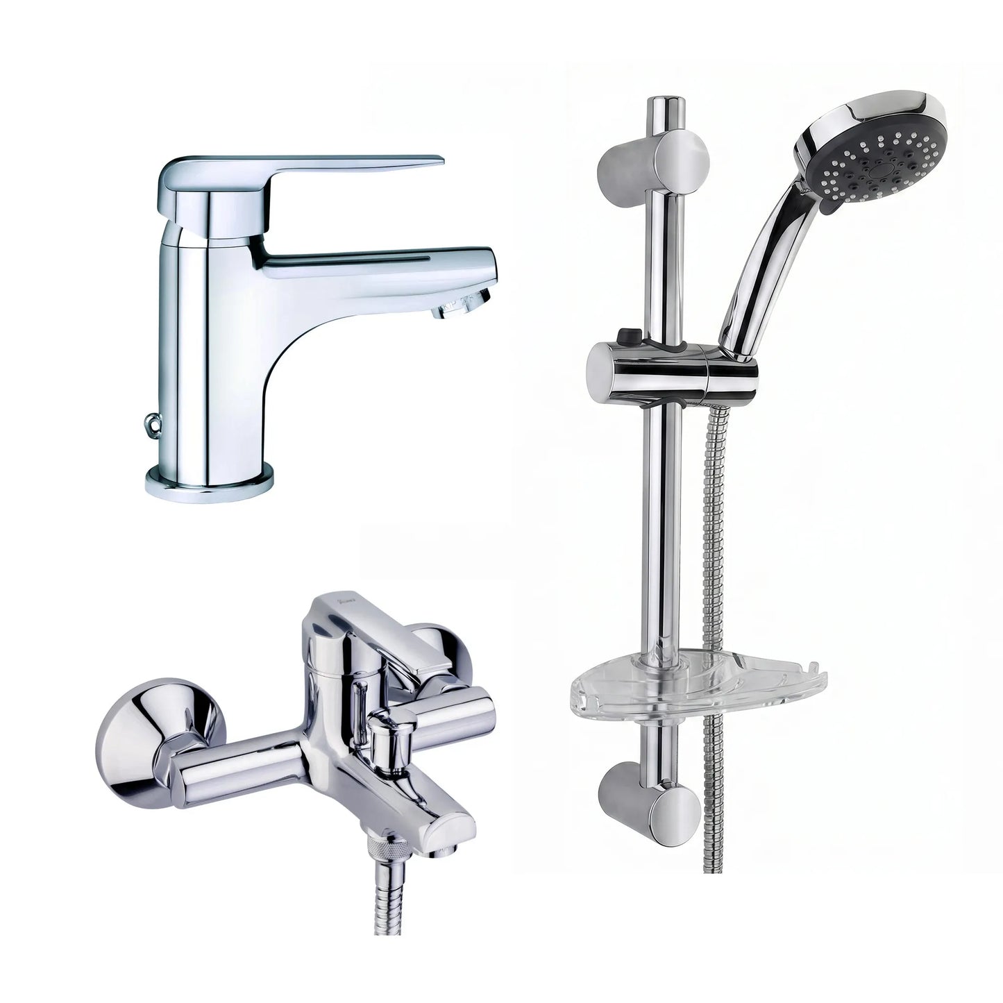 Strohm Teka Inca 537190200 bathroom set comprising a single-lever basin tap, a wall-mounted bath-shower mixer, and a sliding shower rail kit with a multi-spray hand shower and clear soap tray.