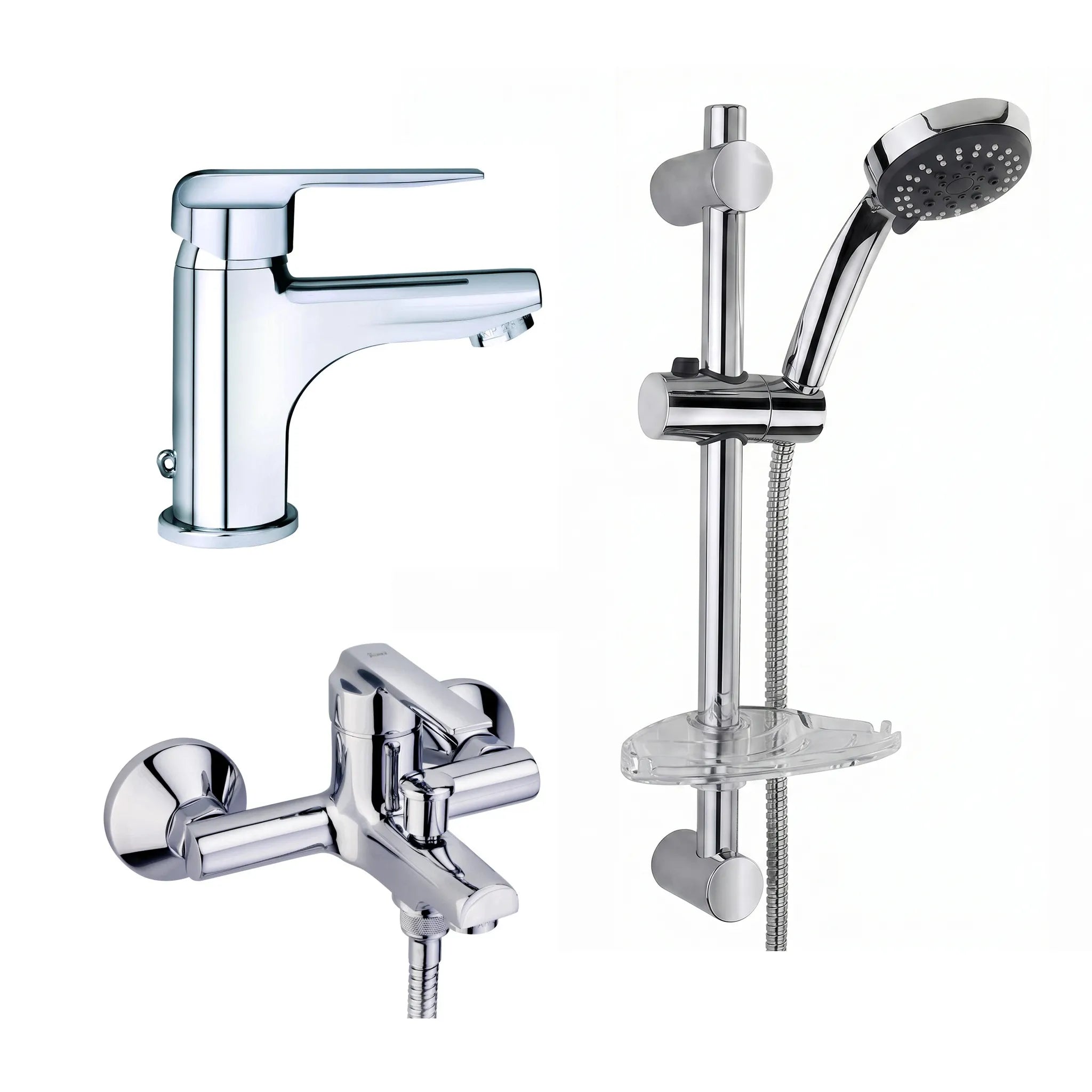 Strohm Teka Inca 537190200 bathroom set comprising a single-lever basin tap, a wall-mounted bath-shower mixer, and a sliding shower rail kit with a multi-spray hand shower and clear soap tray.