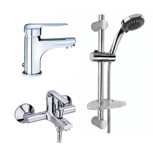 Strohm Teka Inca 537190200 bathroom set comprising a single-lever basin tap, a wall-mounted bath-shower mixer, and a sliding shower rail kit with a multi-spray hand shower and clear soap tray.