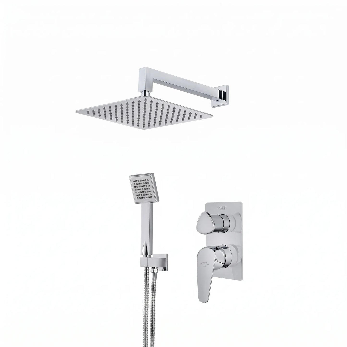 Strohm Teka Itaca 671720220 concealed shower set featuring a square ultra-slim rain shower head, matching square handheld shower, and a rectangular chrome mixer plate with a single lever handle.